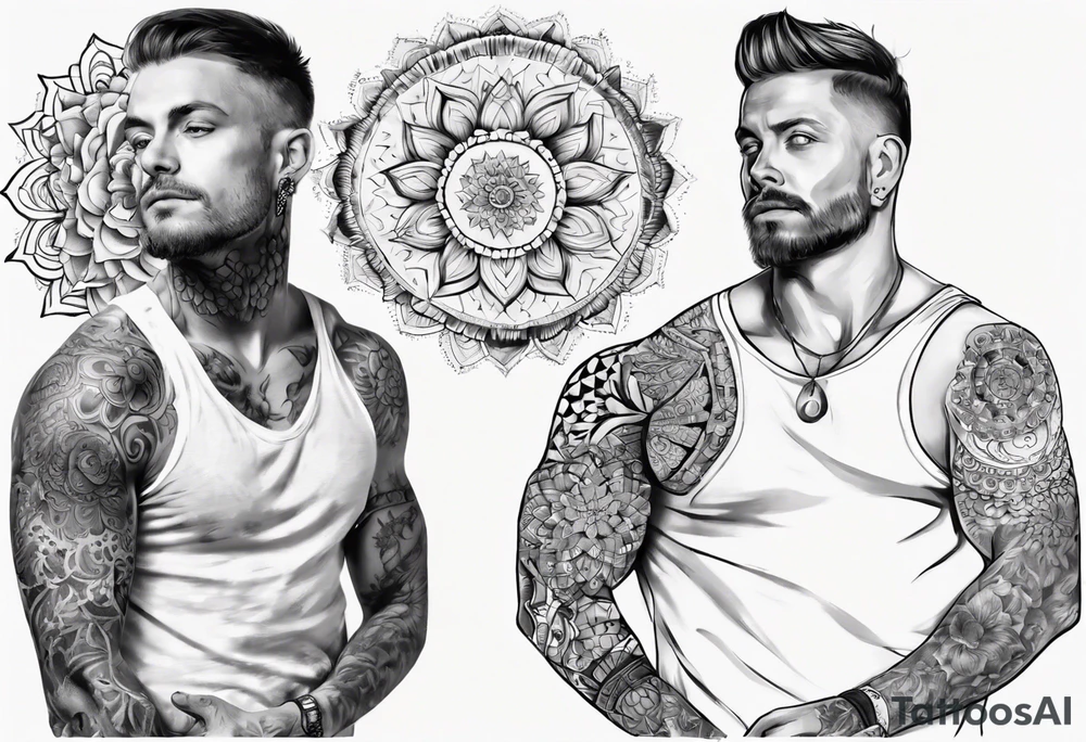 man with tattoos on both arms. from shoulder to elbow , each tattoo with beautiful women mixed with mandalas tattoo idea