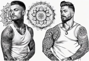 man with tattoos on both arms. from shoulder to elbow , each tattoo with beautiful women mixed with mandalas tattoo idea