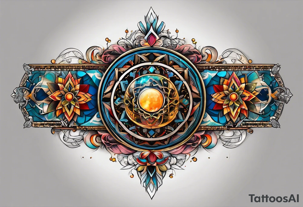 A tattoo design representing the interconnectedness of art, history, and cosmology, with elements of each intertwined in a visually striking way, tattoo idea