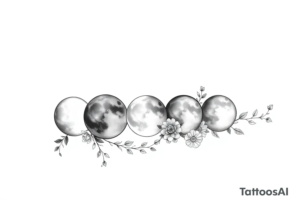 Each phase of the moon going down the spine with space in between each moon there’s vines roses and different flowers down the side of each moon going down the spine 
The moons are diagonal tattoo idea