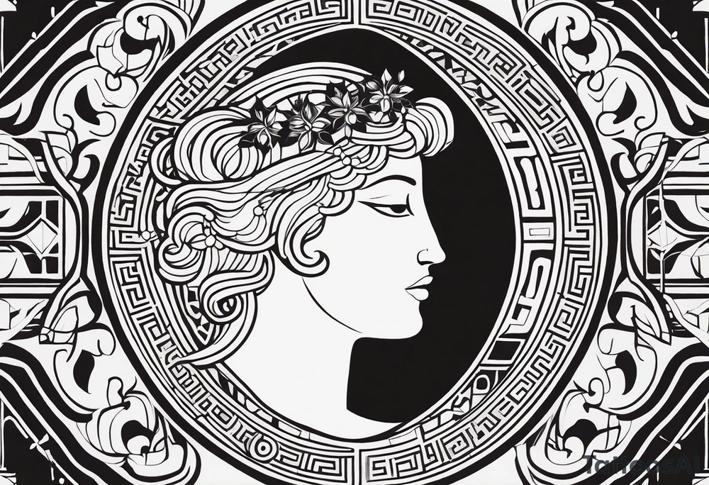 Craft an abstract yet distinctly ancient Greek-inspired tattoo design featuring both Dionysus and Clio. Incorporate motifs from classical Greek art such as geometric patterns, meander borders, and stylized representations of the gods. For Dionysus, integrate symbols like grape clusters, ivy leaves, or the thyrsus staff in a dynamic and fluid composition, capturing the essence of his revelry and passion. Similarly, for Clio, infuse elements like scrolls, laurel wreaths, or the lyre into the design, evoking a sense of scholarly enlightenment and artistic inspiration. Ensure the overall aesthetic echoes the elegance and timelessness of ancient Greek art, offering a unique interpretation of these revered deities tattoo idea