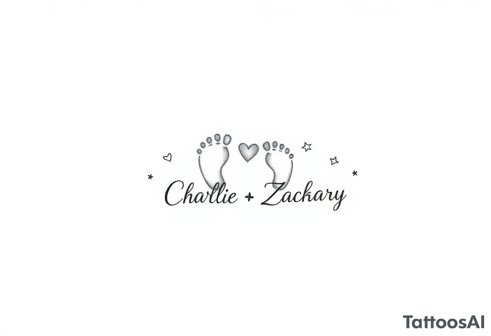 Create a small, elegant tattoo design that celebrates the spirit of childhood. The design should evoke innocence and joy, incorporating delicate elements like tiny handprints or footprints, subtle stars, or a playful heart. Consider integrating minimal floral accents or soft, flowing lines that suggest the nurturing bond of family. Optionally, you can include the names "Charlie" and "Zackary" in gentle, cursive script within the design to personalize it further. tattoo idea