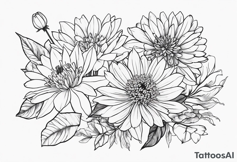 Asters, roses, Lillies, chrysanthemums in a stretched line tattoo idea