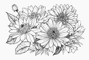 Asters, roses, Lillies, chrysanthemums in a stretched line tattoo idea