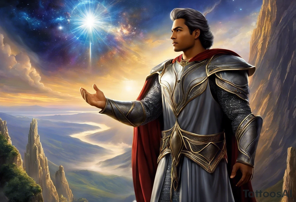 Jehovah looking out at the marvels of his creation from the atoms to the galaxy and celestial beings. With grey wash and a fantasy theme. Jehovah has to be a character who is so majestic, charismatic, immensely powerful. There isnt a single thing he isnt capable of doing. Infinitely powerful forward facing. Without the pagan styled attire and without the pagan symbols etcryera tattoo idea