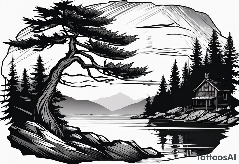 Sleeve tattoo windswept pine tree before lake with low rockface on far side of lake. Mastiff silhouette in the foreground. with a dock coming out from the shore. Canadian shield tattoo idea