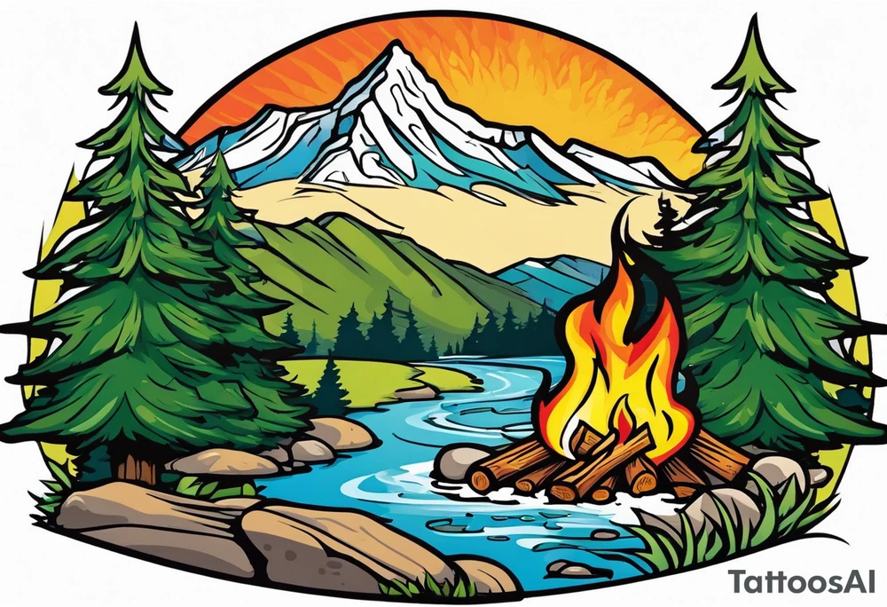 Small campfire in the center, right side: an evergreen tall tree, left side: mountain stream tattoo idea