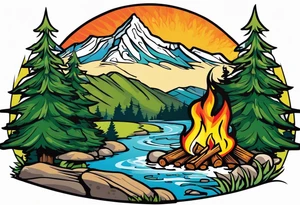 Small campfire in the center, right side: an evergreen tall tree, left side: mountain stream tattoo idea
