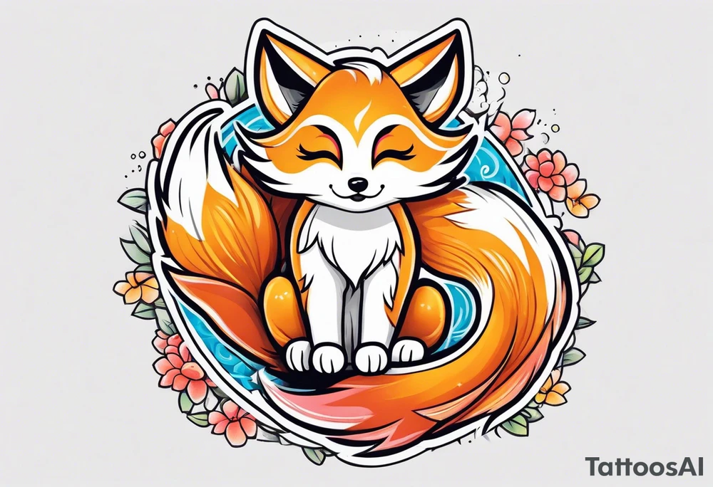 Cute white mini kitsune with three tails tattoo idea
