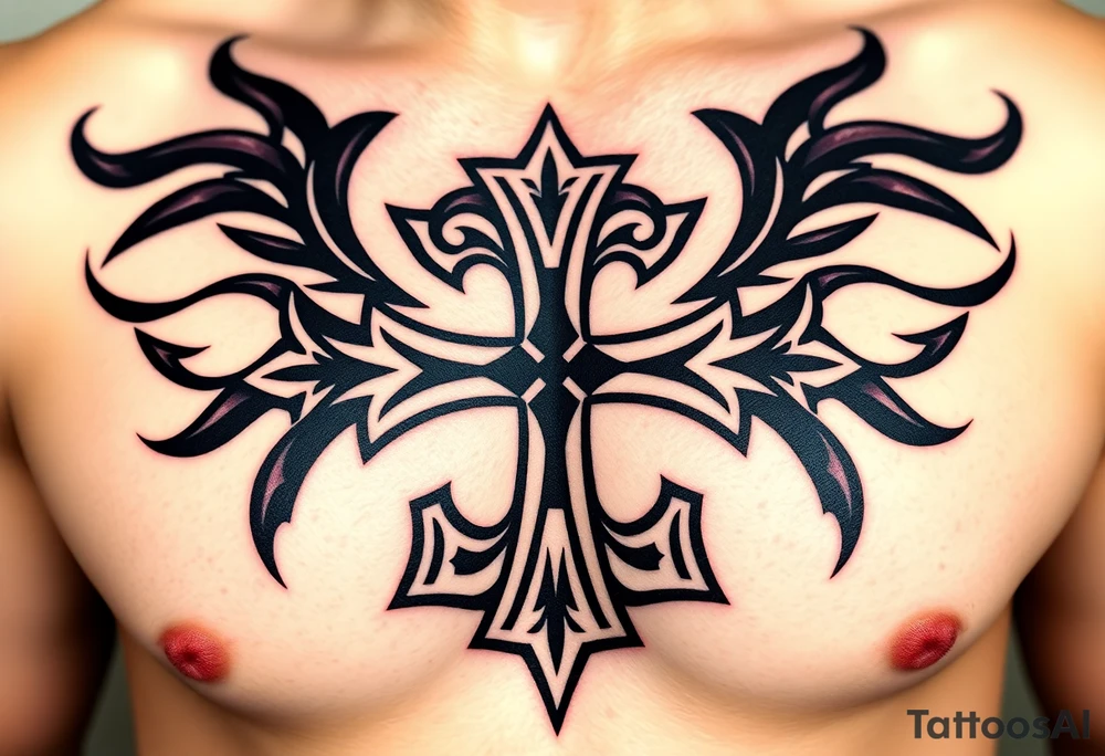 A tribal-styled Maltese cross in bold black ink, with sharp edges and symmetrical patterns tattoo idea