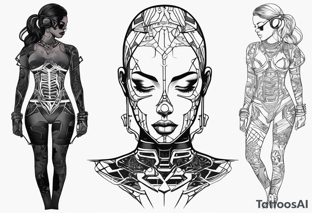 cyborg girl with human torso and face mask partly removed showing metal skeleton underneath tattoo idea