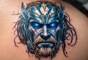 A close-up of Thor’s face from Endgame, with battle scars, glowing blue eyes, and Stormbreaker raised, in hyper-realistic shades of blue, silver, and deep red. tattoo idea