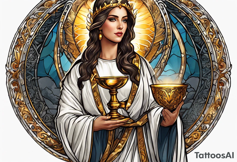 woman saint holding chalice surrounded by golden halo portrait tattoo idea