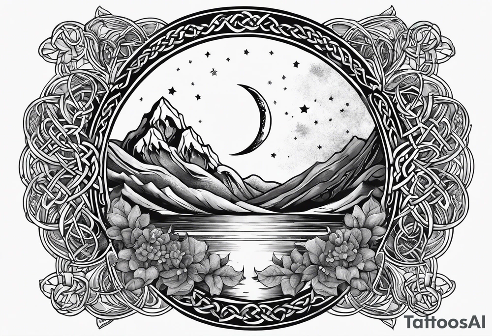 Moon, celtic symbol, hydrangia tattoo idea