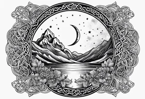 Moon, celtic symbol, hydrangia tattoo idea