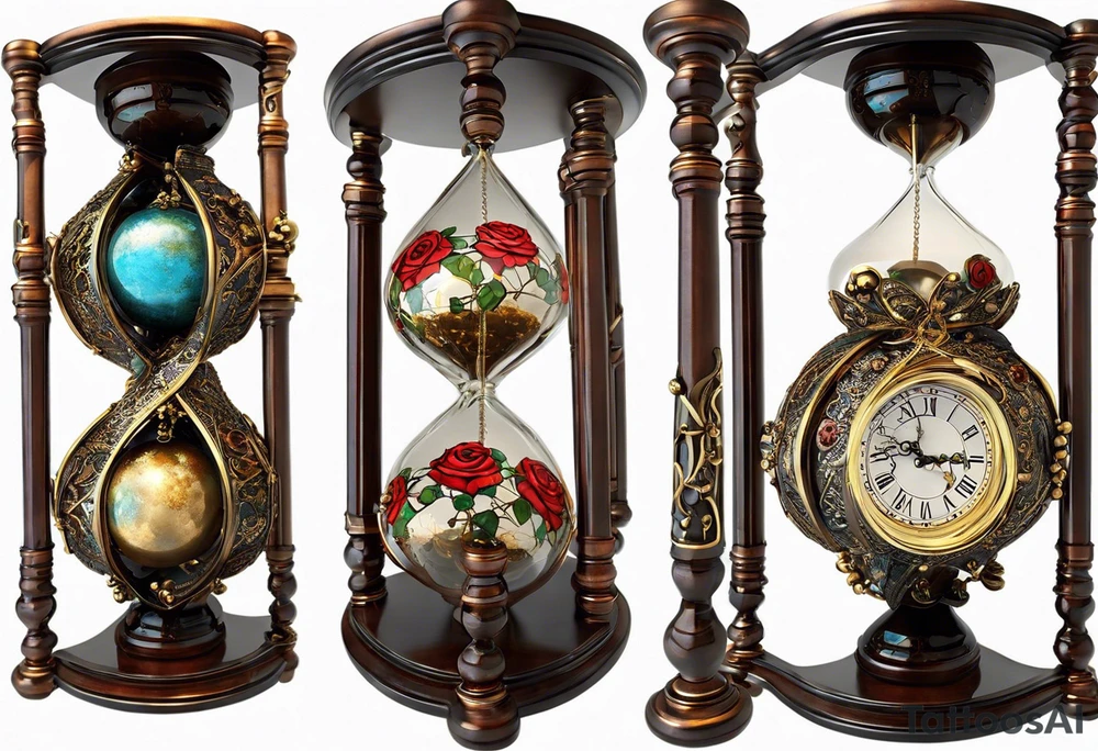 "I want a design featuring a detailed hourglass with a hand clock in the center, where the numbers on the clock are Amazigh numerals. The hourglass and clock should be intertwined with thorny roses, their vines wrapping around the glass. Additionally, planets and stars should orbit around the hourglass, blending both natural and cosmic elements. The roses' thorns should appear sharp and intricate, while the planets give a sense of movement and wonder. The design should be symbolic, representing the flow of time, the universe, and nature, all in harmony." tattoo idea