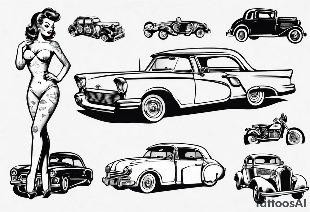 Pinup doll next to old vintage car tattoo idea