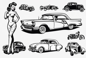 Pinup doll next to old vintage car tattoo idea