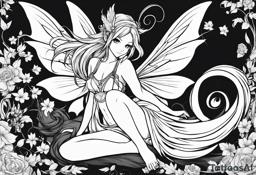 No color sketch of a fairy with a tail inspired by the guild symbol in the anime show called Fairy Tail in a fetal position leaning forward while crawled in and her body is an angle while floating in the air with big wings tattoo idea