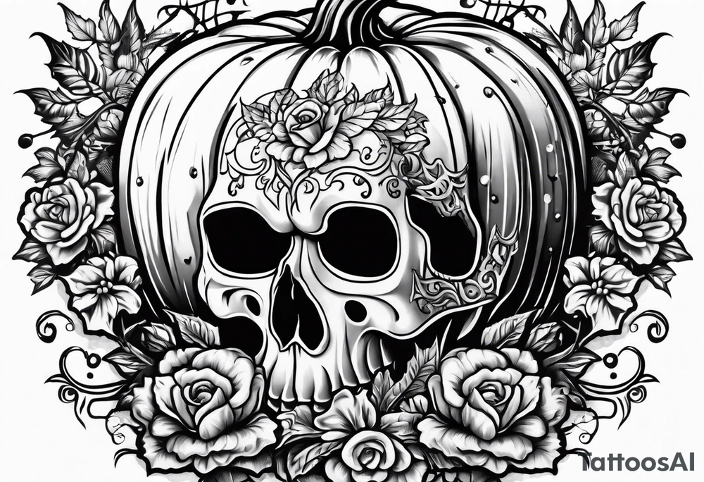 Carved pumpkin with skeletons kissing tattoo idea