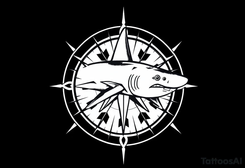 "A detailed black and grey tattoo design combining the top-down view of a shark with a compass. The shark should appear as if swimming across or emerging from the compass. The compass has intricate, sharp-edged needles and classic directional markings (N, S, E, W). The style is realistic with fine linework and light dot shading, suitable for forearm or upper arm placement. Bold yet elegant composition with oceanic and navigational symbolism." tattoo idea