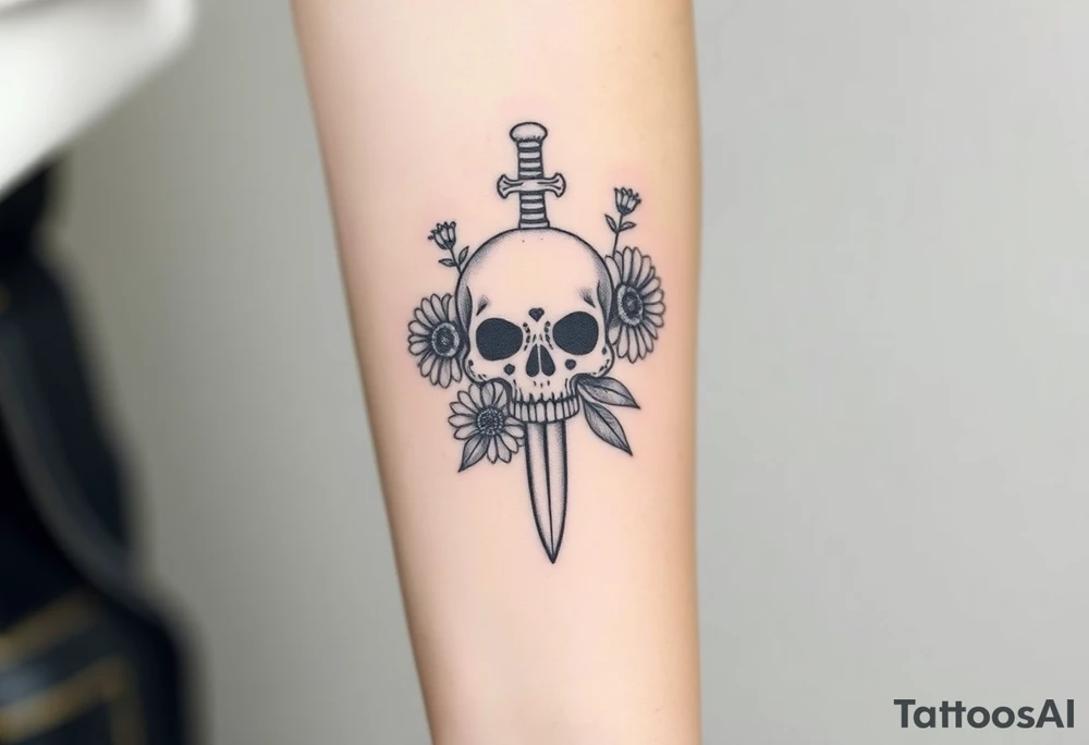 Skull, heart and dagger with roses and sunflowers tattoo idea