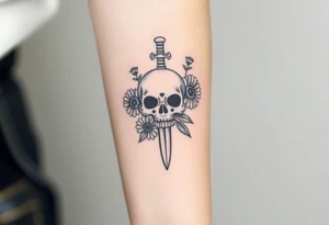 Skull, heart and dagger with roses and sunflowers tattoo idea