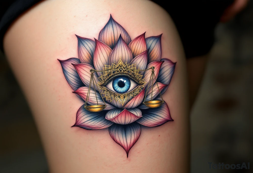 An all-seeing eye in the center of a lotus flower, surrounded by delicate golden balance scales, symbolizing karmic awareness and justice. tattoo idea