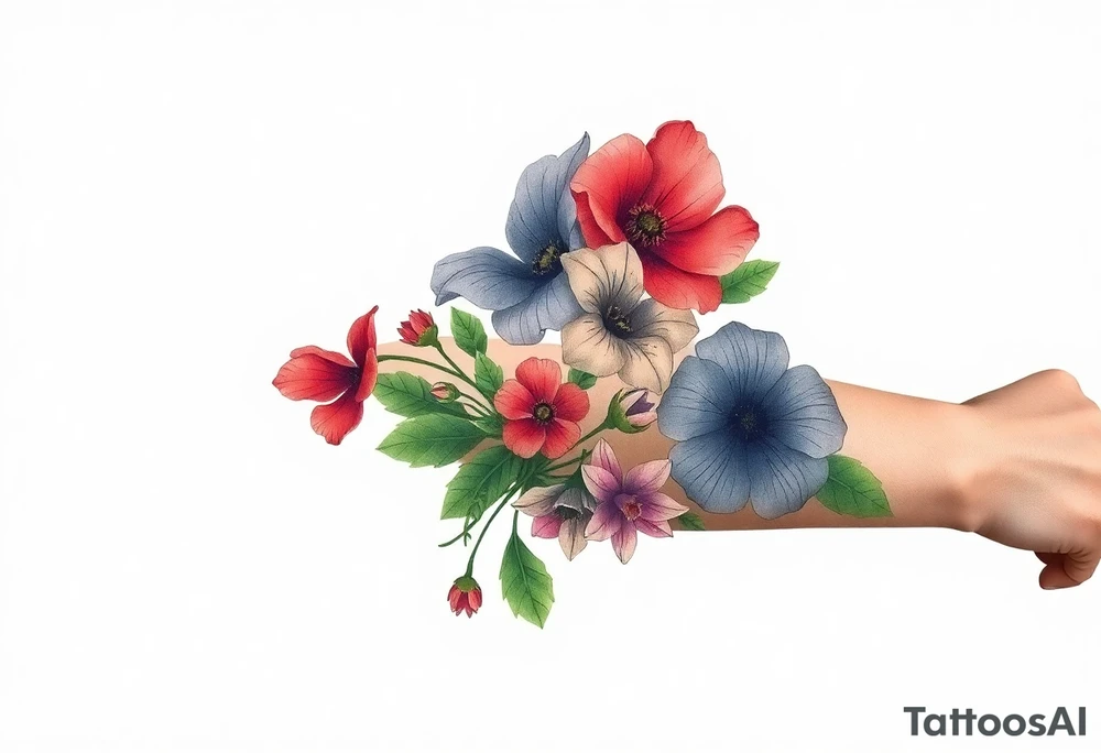 Fore arm tattoo in the neo american traditional style. I want to incorporate a few different flowers: Poppies, Morning Glory, Narcissus with green leaves in the background tattoo idea