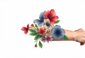 Fore arm tattoo in the neo american traditional style. I want to incorporate a few different flowers: Poppies, Morning Glory, Narcissus with green leaves in the background tattoo idea