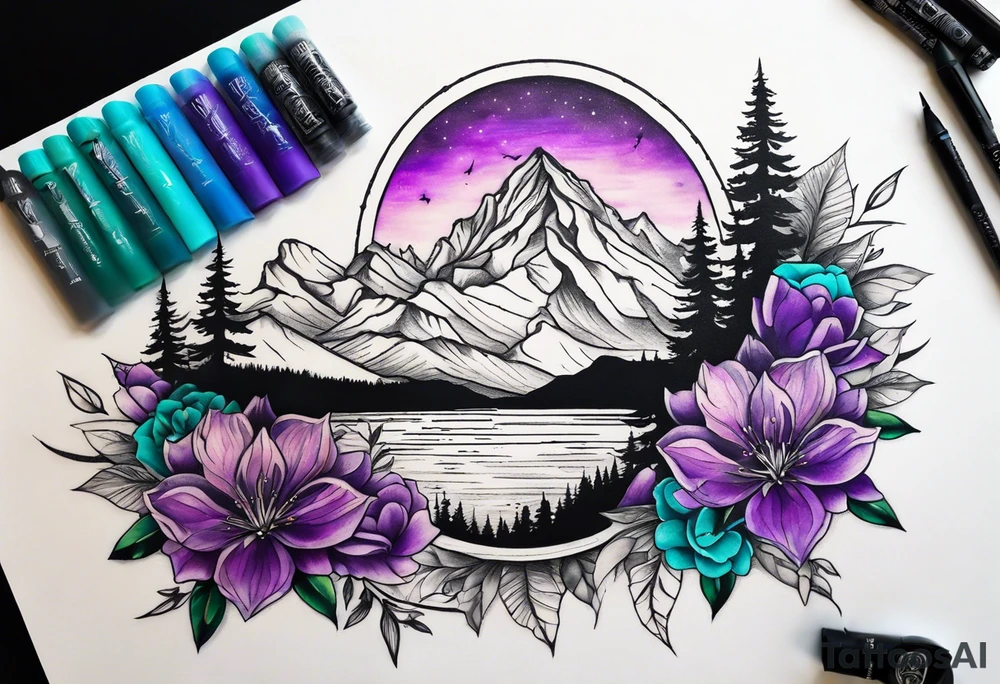 half sleeve tattoo on my shoulder. It features a mountain range, with a compass rose rising up from behind the mountain like a sunrise. In front of the mountains, there are purple and teal flowers. tattoo idea