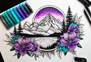 half sleeve tattoo on my shoulder. It features a mountain range, with a compass rose rising up from behind the mountain like a sunrise. In front of the mountains, there are purple and teal flowers. tattoo idea