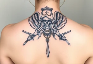 old angel statue (Santa Muerte style) criminal style tattooed and at the same time contemporary, weapons in hand, gangster-style gold necklaces tattoo idea