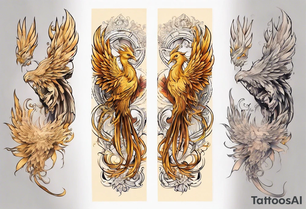 Sleeve tattoo on a woman's arm. Gold Phoenix tattoo idea