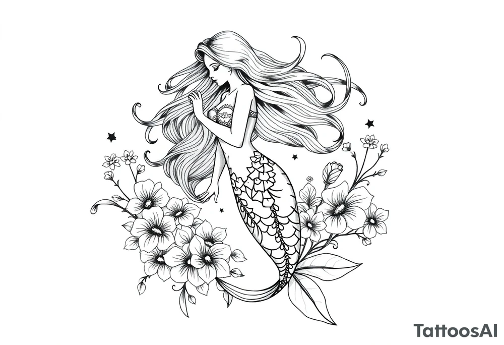 ethereal mermaid with flowing hair among coral and sea flowers tattoo idea