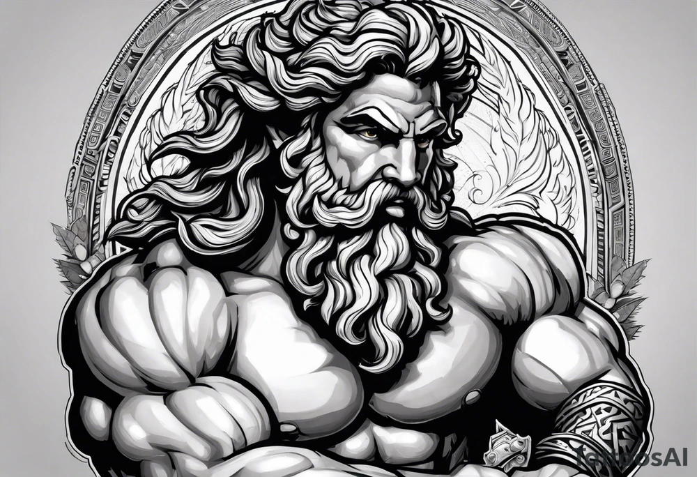 At the heart of this Greek mythology tattoo stands Zeus, the king of the gods, portrayed in a commanding and majestic pose. Zeus is depicted in three-quarter view, with his muscular form accentuated by fine black and grey shading. His expression is fierce and determined, with a full beard and flowing hair adding to his regal appearance. He holds a thunderbolt in his raised hand, ready to unleash its power, while storm clouds gather around him, crackling with energy.

Surrounding Zeus are elements that highlight his dominion and influence. To one side, an eagle, his sacred animal, soars with its wings spread wide, symbolizing strength and vigilance. Below Zeus, the mighty Mount Olympus rises, shrouded in mist and framed by ancient Greek columns. In the background, subtle depictions of other gods and goddesses, such as Hera and Hermes, can be seen, paying homage to the pantheon over which Zeus reigns supreme.

The design is enriched with intricate details like laurel wreaths and olive branches, symbols of victory and peace, intertwined around the composition. The entire tattoo is crafted with a mix of bold lines and delicate shading, with occasional highlights of gold to emphasize the divine and majestic nature of Zeus.

This tattoo design captures the power, authority, and grandeur of Zeus, making it a striking tribute to Greek mythology. tattoo idea