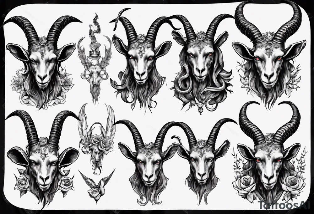 Baphomet full sleeve high contrast human like goat friendly but strong no flowers tattoo idea