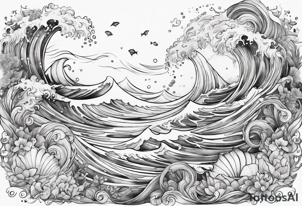 Ocean creatures feminine cascading upwards tattoo idea