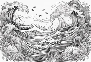 Ocean creatures feminine cascading upwards tattoo idea