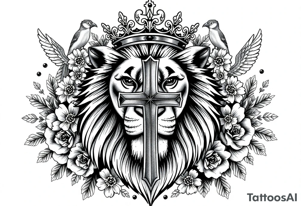 powerful majestic lion with a King crown, surrounded by floral oranaments and birds with a cross brought to backwards to seemingly fit and match. For the cross: the cross must be ion the middle of the crown lion through it's in the background (brounght backwards) but the horintal and vertical points can be seen outside thr crown lion. The cross must be bigger than the crown lion. Howver in the background (covered by the lion) exect the horixontal and verytical points tattoo idea