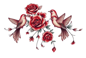 Vintage lace, red roses, red birds, vintage, wrap around, tighter together, no space open tattoo idea