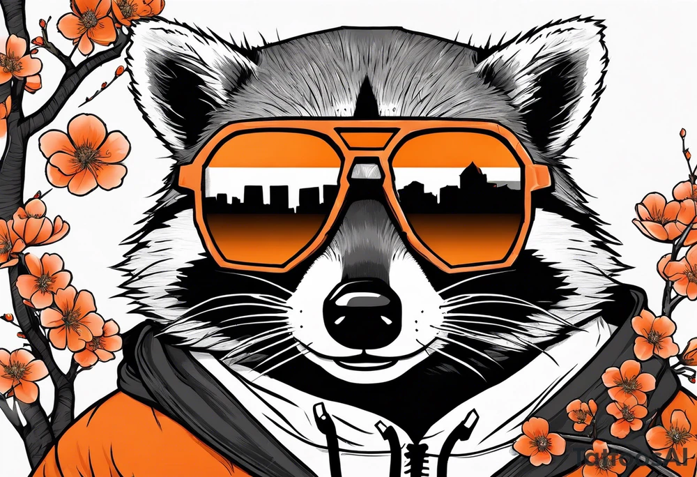 raccoon wearing a black and white Superman hoodie and orange Japanese cherry blossoms tattoo idea