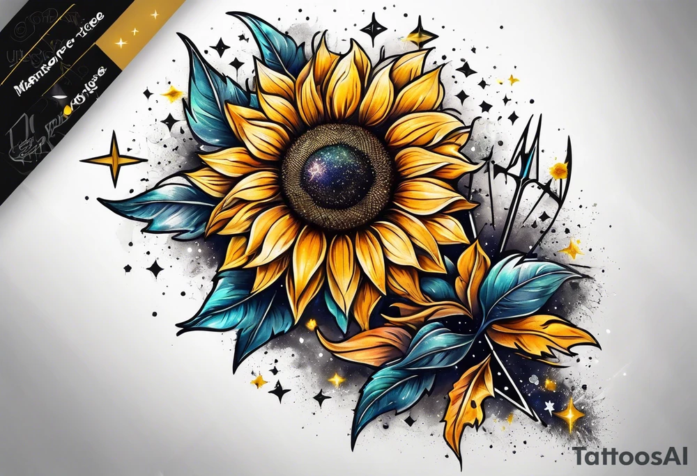 small sunflower surrounded by cosmic stars and arrow tattoo idea