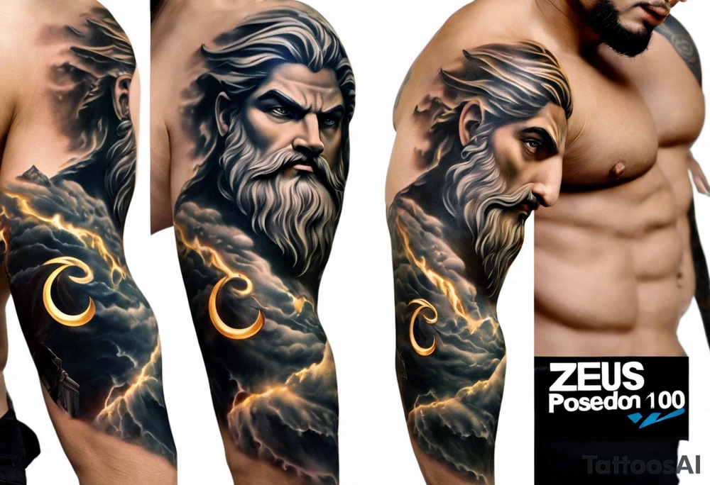 Full left arm tattoo sleeve with the Greek gods, Zeus, Poseidon and Hades. Zeus' face with a lightning bolt coming out of one eye is at the left shoulder, Poseidon's  face with a trident as one of his eyes is at the left upper arm and Hades' face with 
a bident as one of his eyes is at the left forearm. tattoo idea