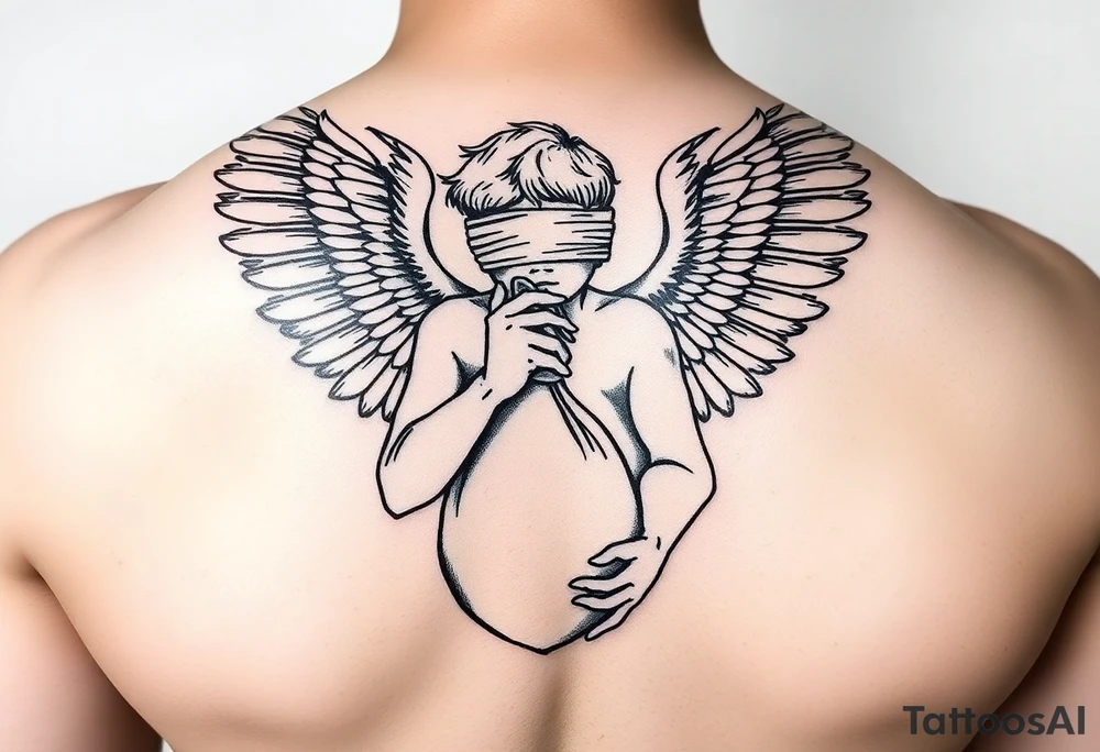 Blindfolded angel with bag money tattoo idea