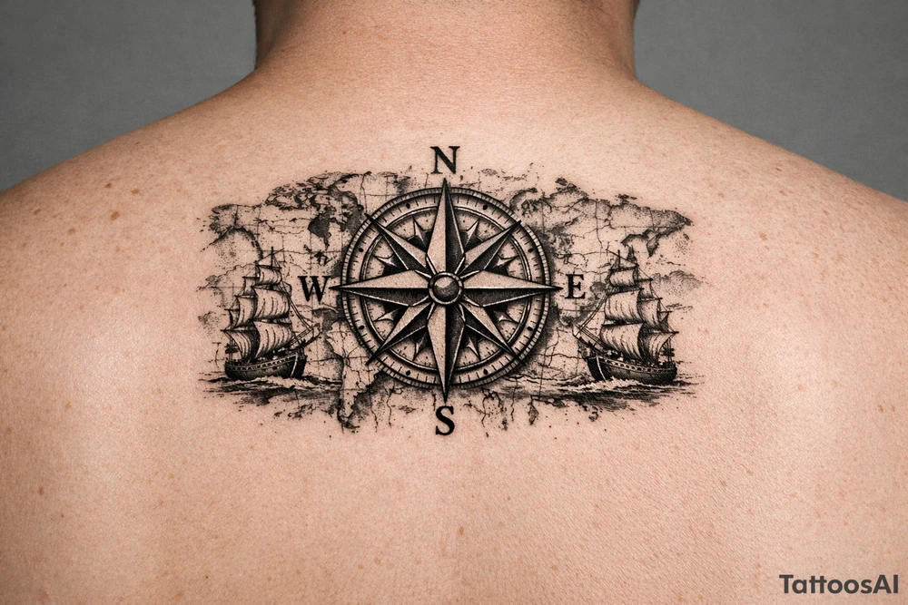 antique compass rose overlaid on weathered world map with sailing ships tattoo idea