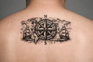 antique compass rose overlaid on weathered world map with sailing ships tattoo idea