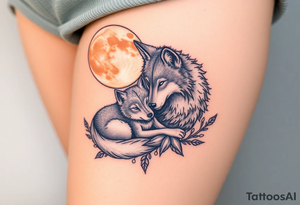 A mother wolf and her pup snuggled together, with soft gray and white fur details and a glowing full moon in the background, symbolizing fierce protection and guidance tattoo idea