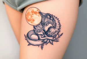 A mother wolf and her pup snuggled together, with soft gray and white fur details and a glowing full moon in the background, symbolizing fierce protection and guidance tattoo idea