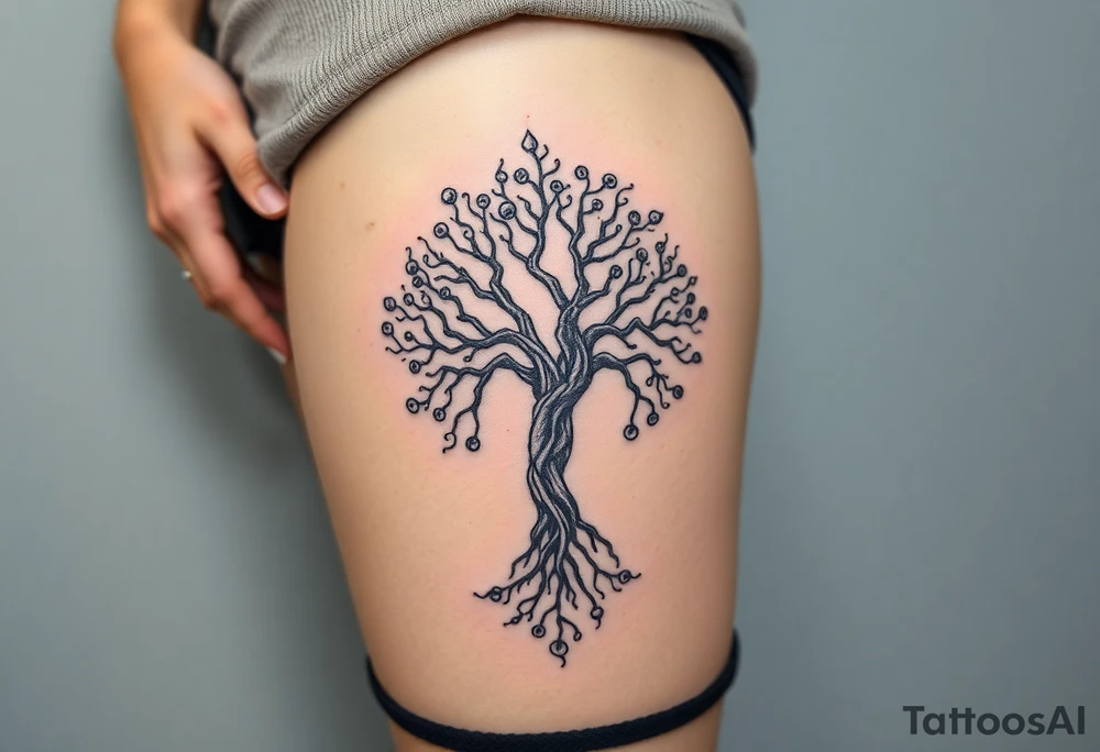 mystical tree of life with cosmic roots and celestial branches tattoo idea